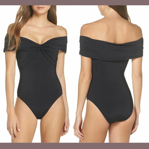 NEW $132 Trina Turk Off the Shoulder One-Piece Swimsuit‎ Black [SZ 2 ] - Picture 1 of 8